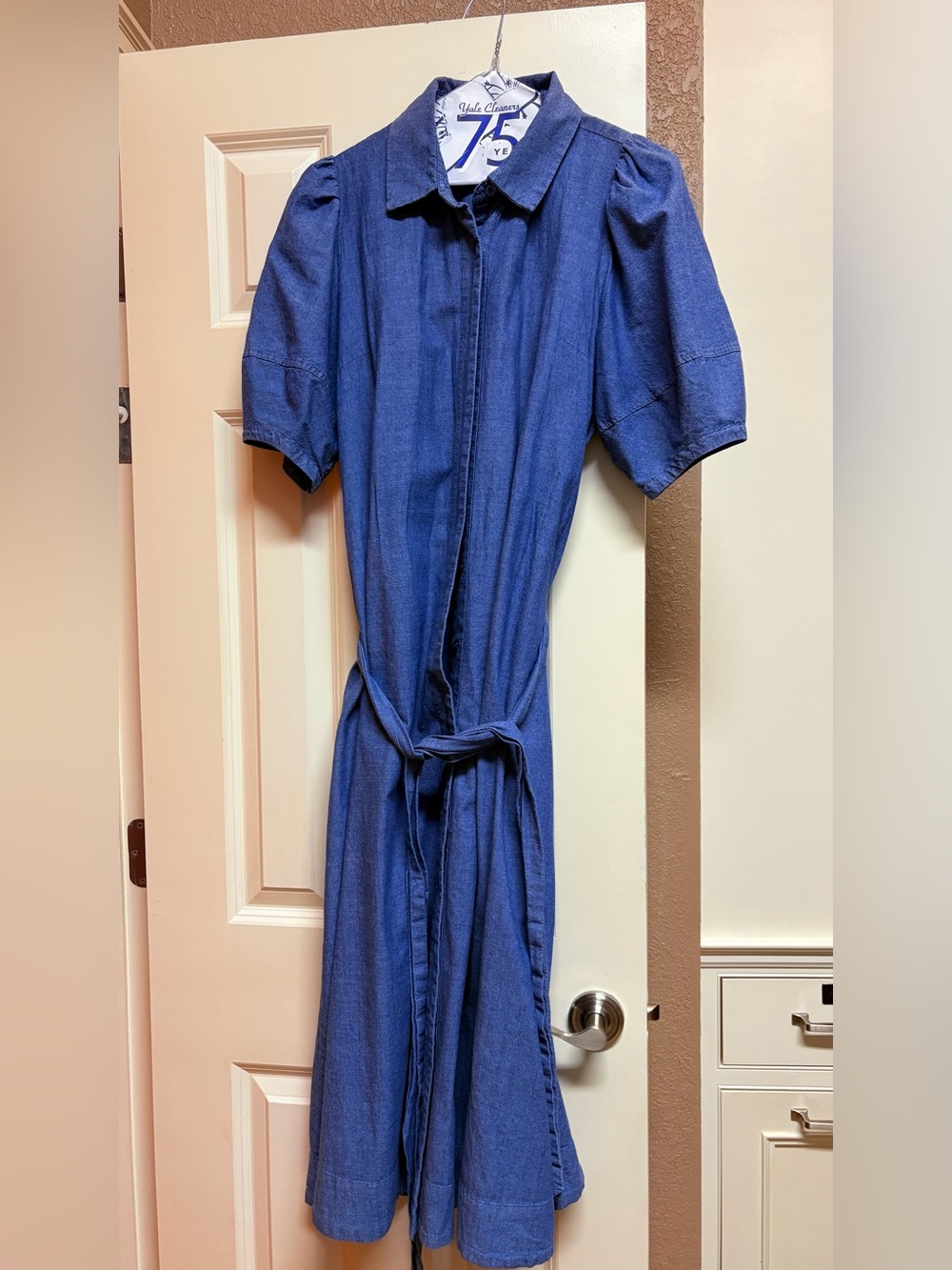 Crown & Ivy Light Denim Midi Dress Puff Sleeve